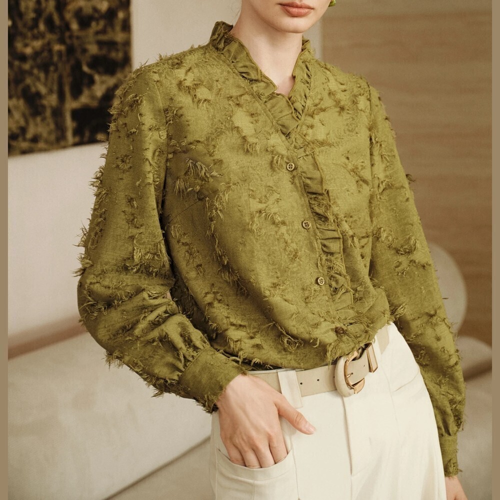 Olive Green Fringe Textured Ruffle Stand Collar Button Front Blouse